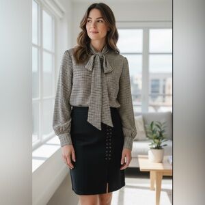 Chic Houndstooth Blouse with Bow Tie